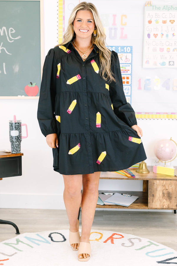 Chic Soul plus size clothing, long-sleeve black ruffled collared button-down baby-doll dress with sequined pencil patches scattered across dress