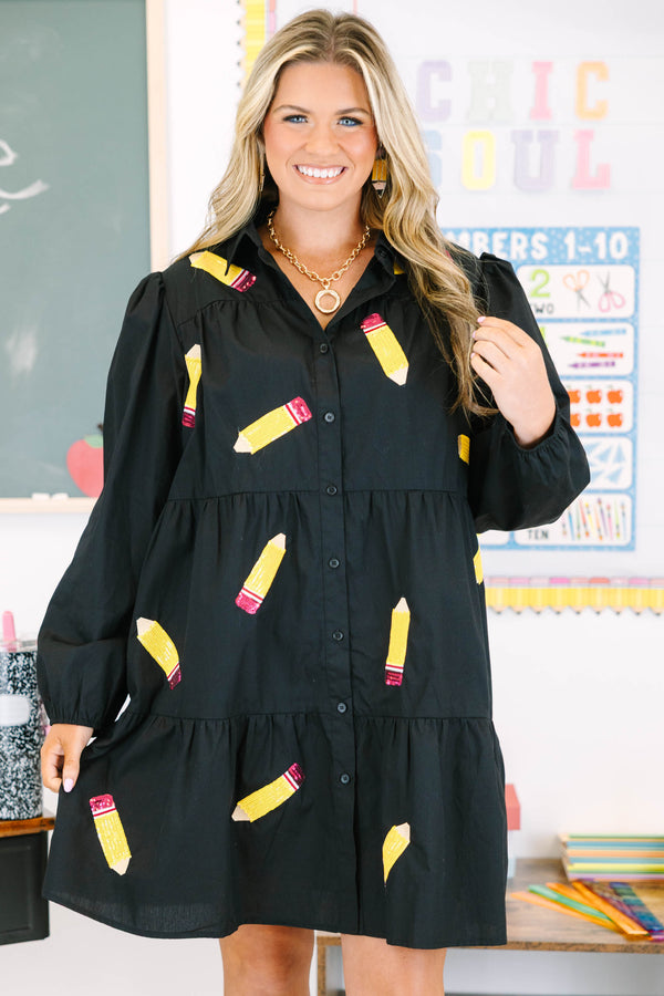 Chic Soul plus size clothing, long-sleeve black ruffled collared button-down baby-doll dress with sequined pencil patches scattered across dress