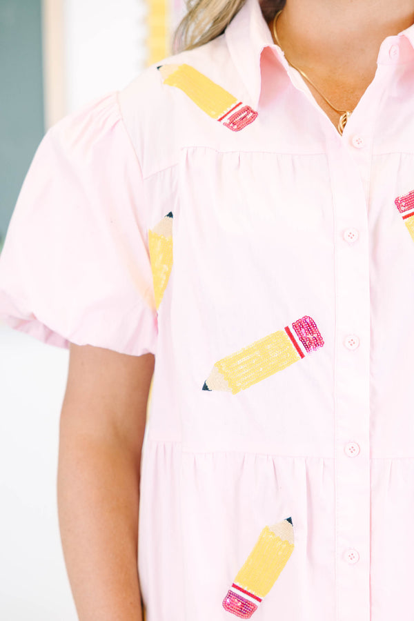Chic Soul plus size clothing, pink babydoll dress with puff sleeves and embroidered sequin pencils
