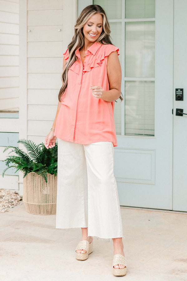Chic Soul plus size clothing, coral pink tanks top with collar, buttons down the front, and ruffle detailing around the collar and shoulders