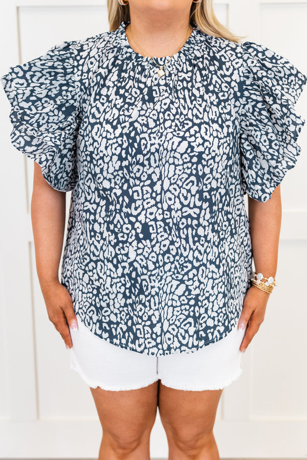 Chic Soul plus size clothing, navy leopard short sleeve top with round neckline with large ruffle flare sleeves