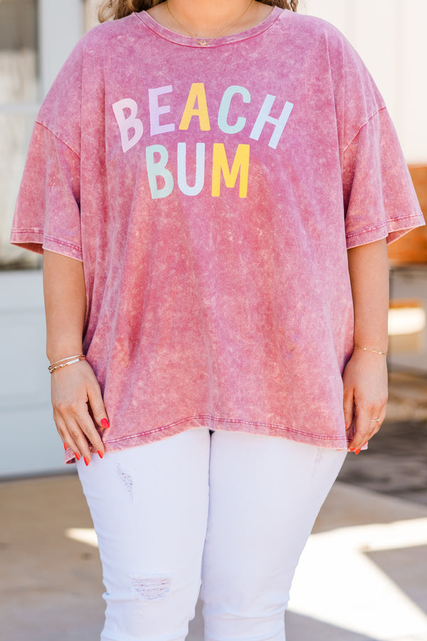 Plus Size ash pink acid wash boyfriend tee with colorful Beach Bum graphic and short sleeves.