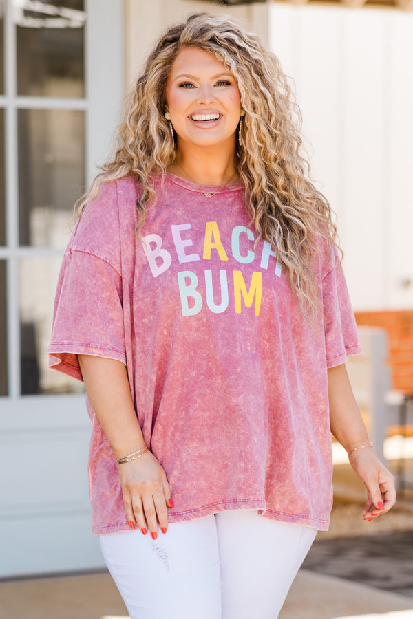 Plus Size ash pink acid wash boyfriend tee with colorful Beach Bum graphic and short sleeves.
