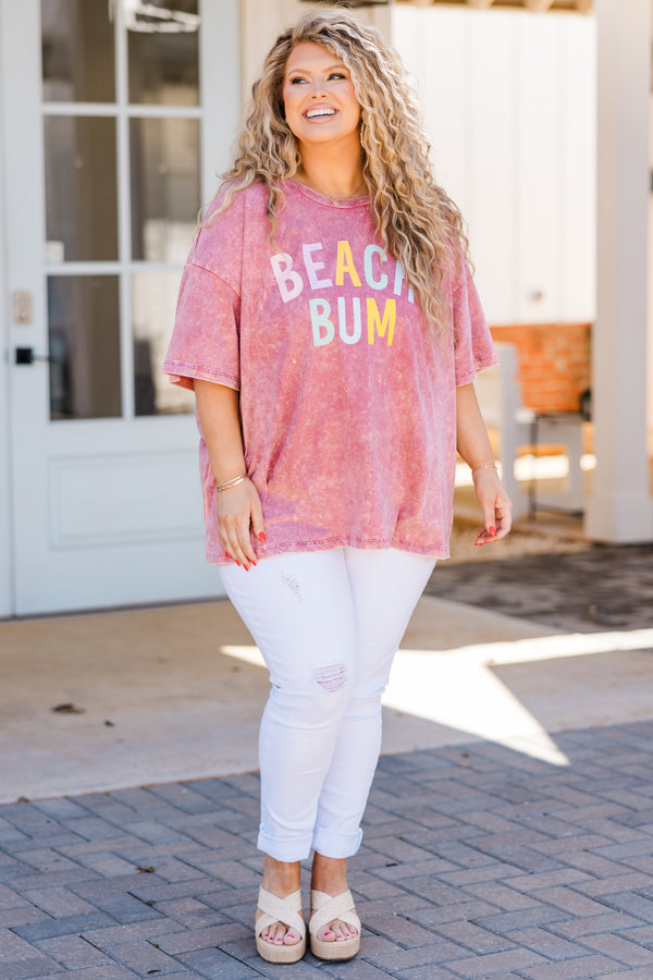 Plus Size ash pink acid wash boyfriend tee with colorful Beach Bum graphic and short sleeves.