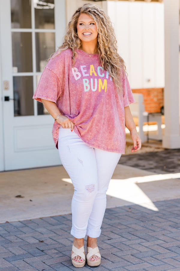 Plus Size ash pink acid wash boyfriend tee with colorful Beach Bum graphic and short sleeves.