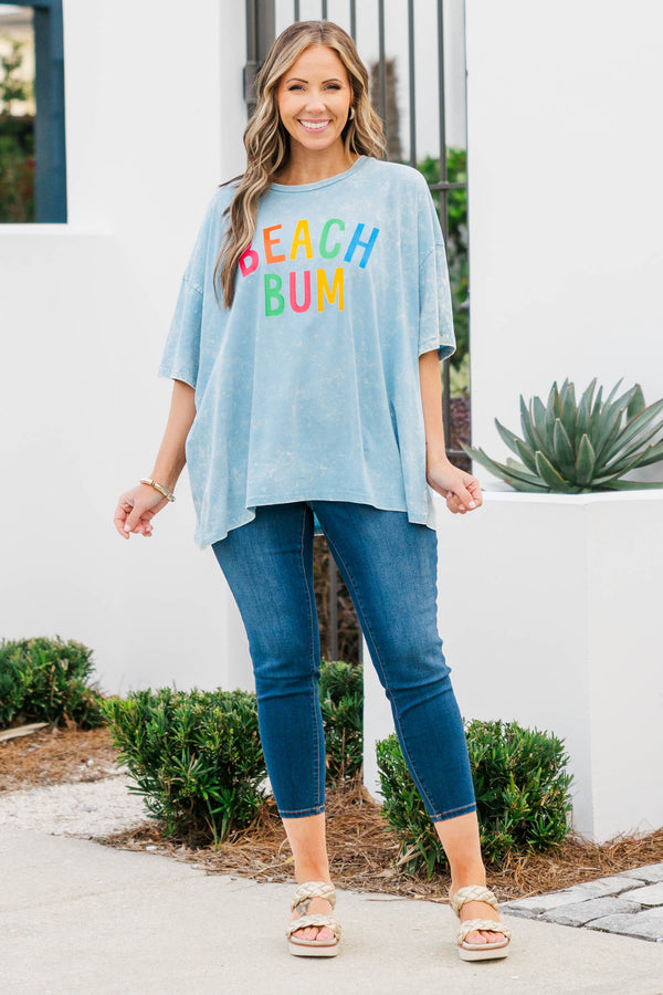 Chic Soul plus size clothing, ice blue acid wash boyfriend tee with 