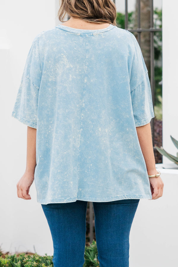 Chic Soul plus size clothing, ice blue acid wash boyfriend tee with 
