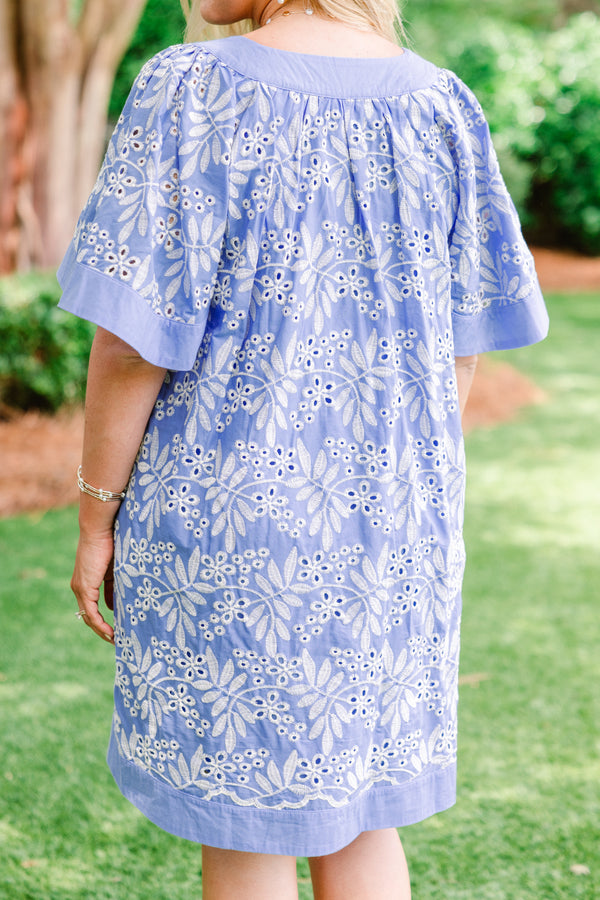 Chic Soul plus size clothing, peri blue slit neckline short sleeve casual dress with white embroidery and eyelet pattern