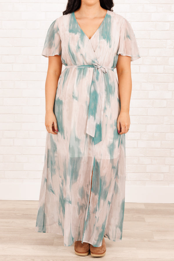 Chic Soul plus size clothing, mint abstract pattern maxi dress with tie at waist and a crisscross neckline