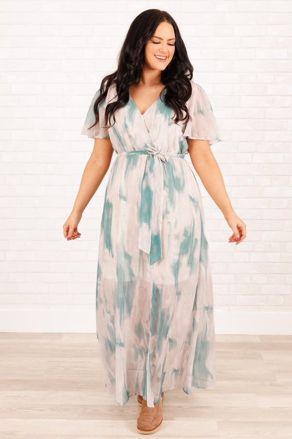 Chic Soul plus size clothing, mint abstract pattern maxi dress with tie at waist and a crisscross neckline