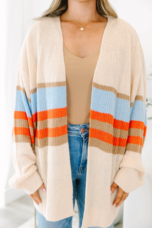Chic Soul Plus size clothing, brown long sleeve cardigan with blue orange and brown stripes on the waist area 
