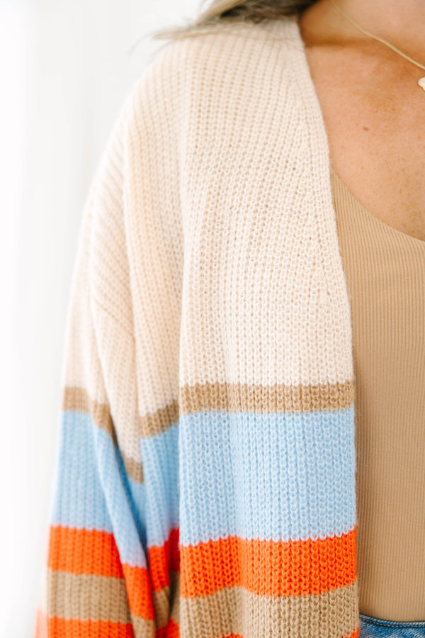 Chic Soul Plus size clothing, brown long sleeve cardigan with blue orange and brown stripes on the waist area 