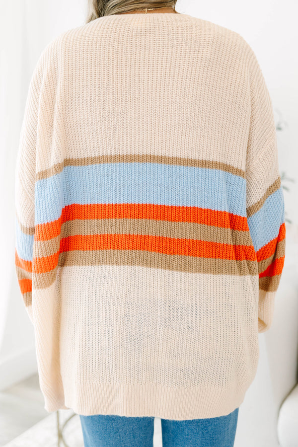 Chic Soul Plus size clothing, brown long sleeve cardigan with blue orange and brown stripes on the waist area 