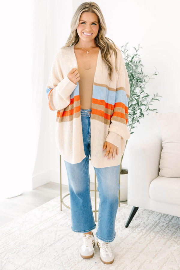 Chic Soul Plus size clothing, brown long sleeve cardigan with blue orange and brown stripes on the waist area 