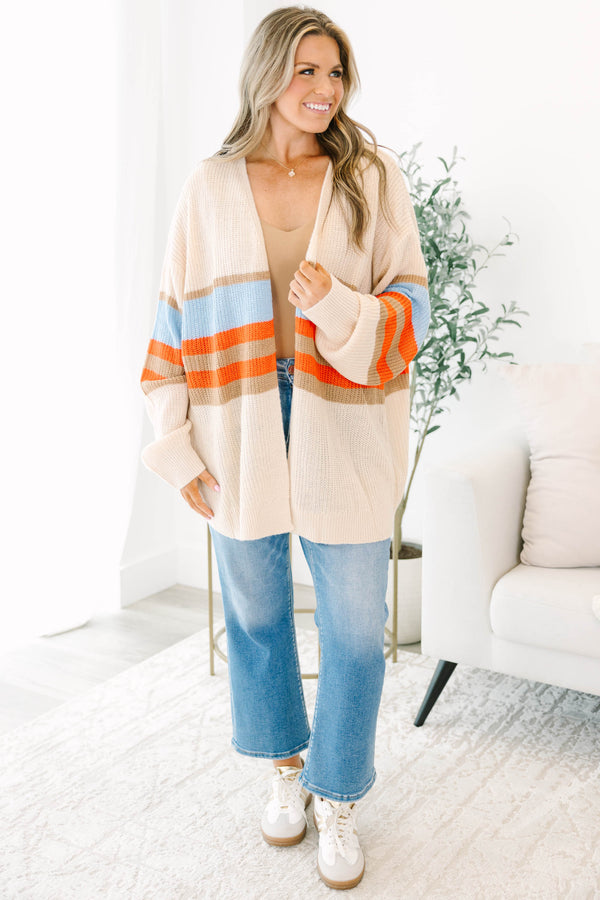 Chic Soul Plus size clothing, brown long sleeve cardigan with blue orange and brown stripes on the waist area 