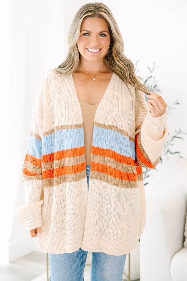 Chic Soul Plus size clothing, brown long sleeve cardigan with blue orange and brown stripes on the waist area 