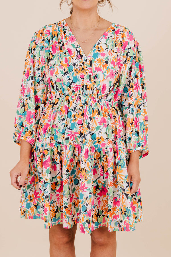 Chic Soul plus size clothing, cropped long sleeve fuchsia multi floral print mini dress with synch at waist and vneck and overlap on chest