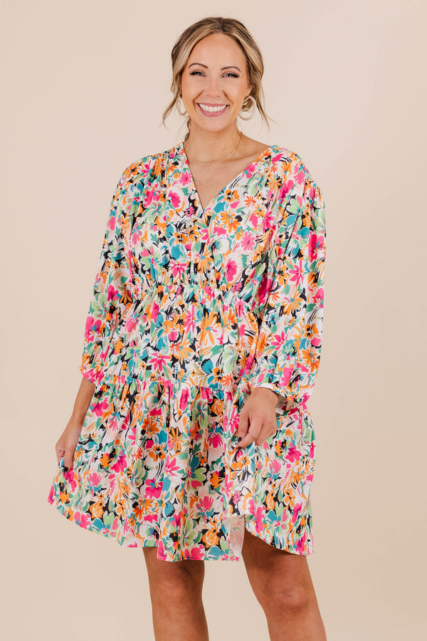 Chic Soul plus size clothing, cropped long sleeve fuchsia multi floral print mini dress with synch at waist and vneck and overlap on chest