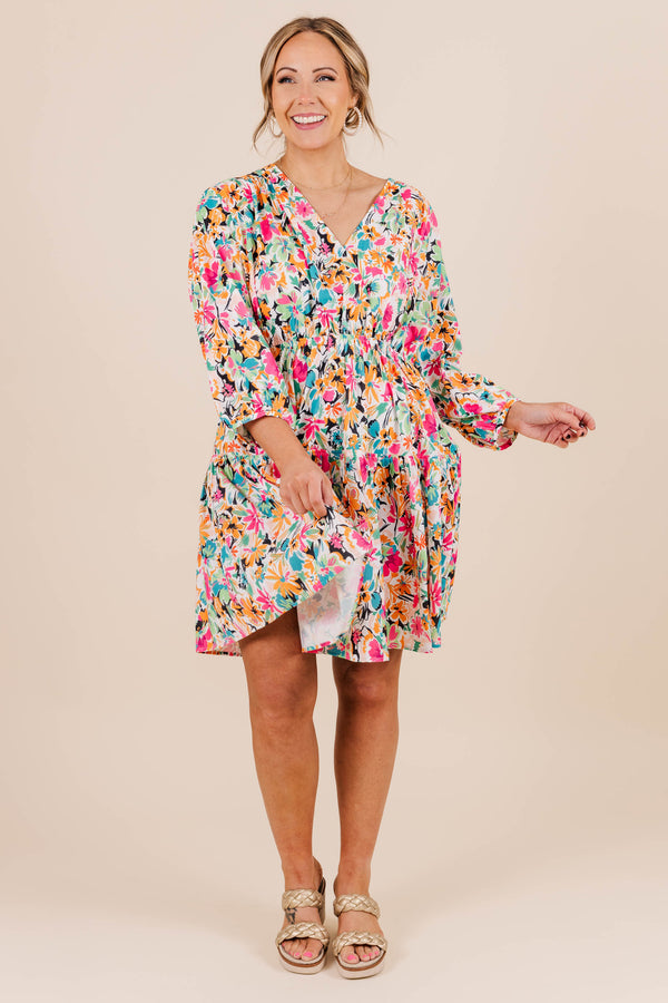 Chic Soul plus size clothing, cropped long sleeve fuchsia multi floral print mini dress with synch at waist and vneck and overlap on chest