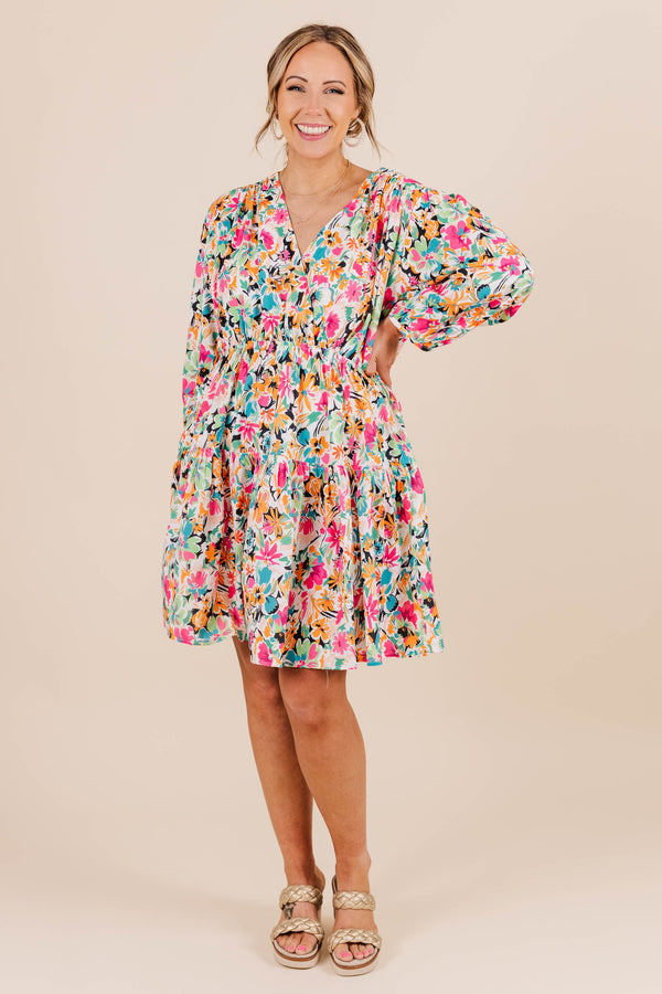 Chic Soul plus size clothing, cropped long sleeve fuchsia multi floral print mini dress with synch at waist and vneck and overlap on chest