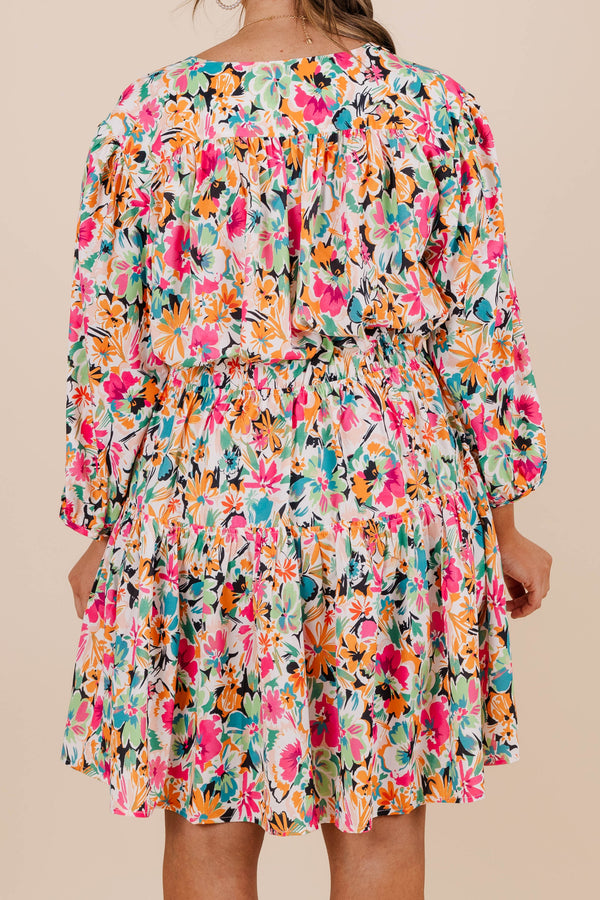 Chic Soul plus size clothing, cropped long sleeve fuchsia multi floral print mini dress with synch at waist and vneck and overlap on chest