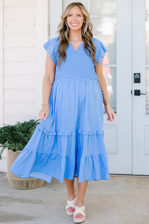 Chic Soul plus size clothing, short-flutter-sleeve blue midi dress with ruffle detailing and a smocked bodice with a v-neckline and a white subtle spotted pattern 