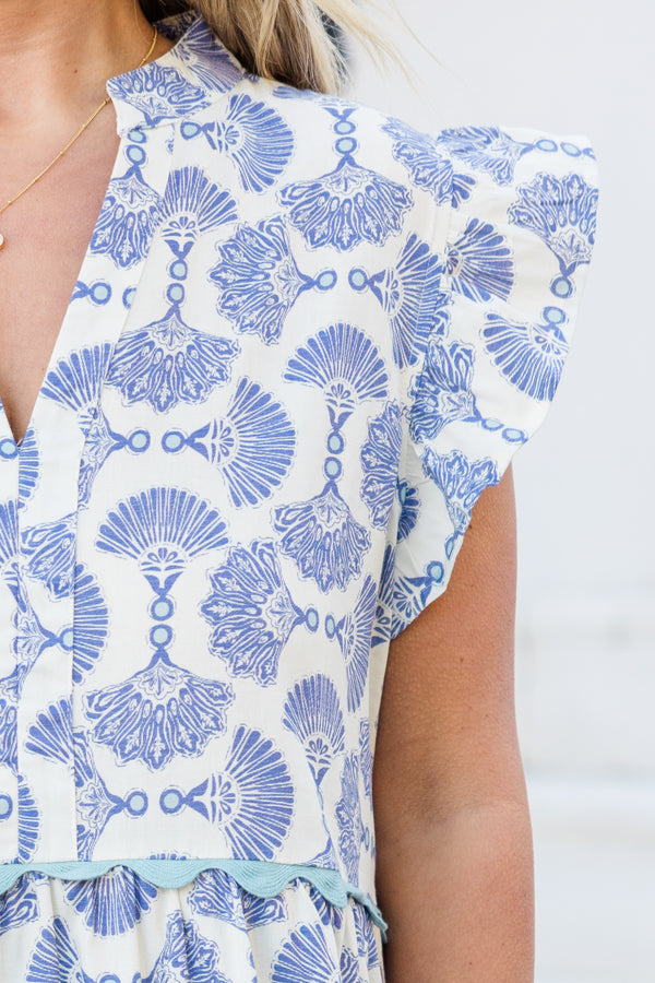 Chic Soul plus size clothing, short-flutter-sleeve split-v-neckline blue midi dress with a blue and white fan print and light blue ric rac detailing