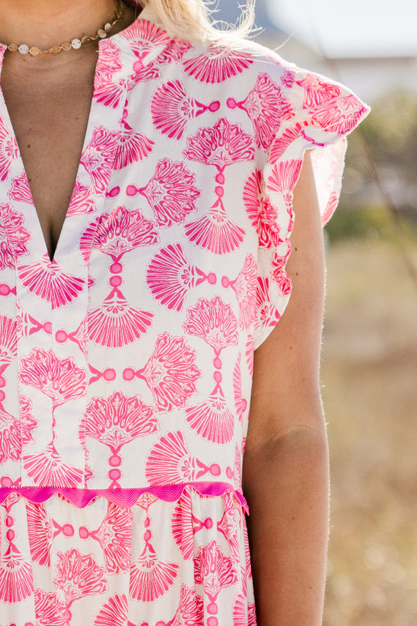 Chic Soul plus size clothing, short-flutter-sleeve pink and white ruffled baby doll midi dress with a split-v-neckline with an abstract pattern