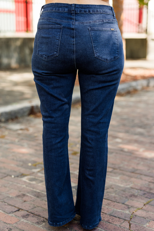 Chic Soul plus size clothing, dark wash denim jeans with flare bottom detail with stitched hem and no distressing 