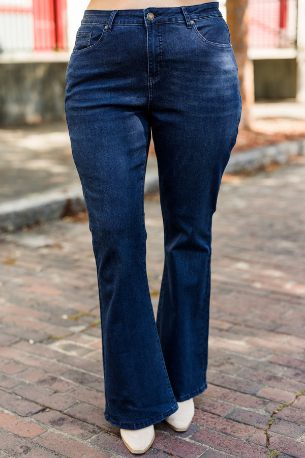Chic Soul plus size clothing, dark wash denim jeans with flare bottom detail with stitched hem and no distressing 