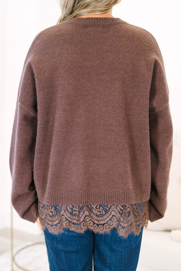Plus Size brown crewneck sweater with long sleeves and a delicate lace trim at the hem.