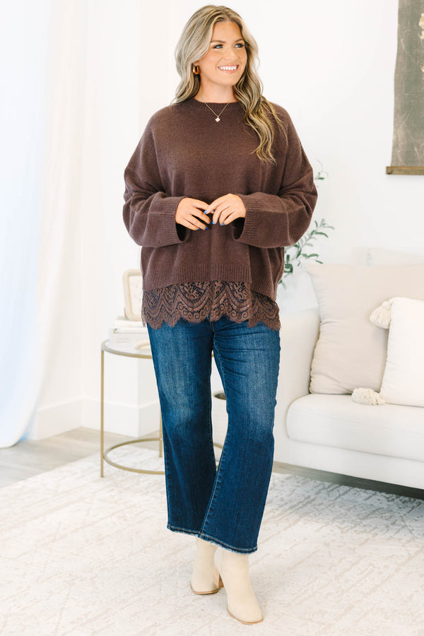 Plus Size brown crewneck sweater with long sleeves and a delicate lace trim at the hem.