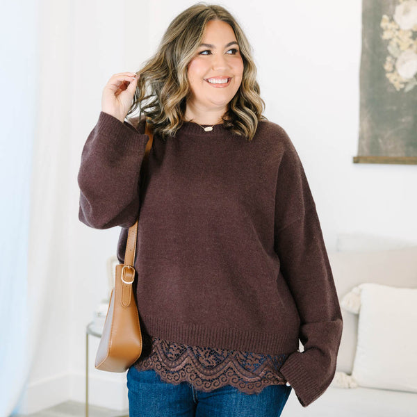 Plus Size brown crewneck sweater with long sleeves and a delicate lace trim at the hem.