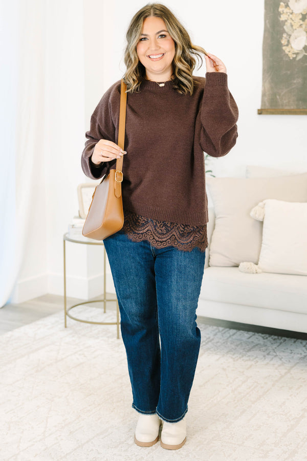 Plus Size brown crewneck sweater with long sleeves and a delicate lace trim at the hem.