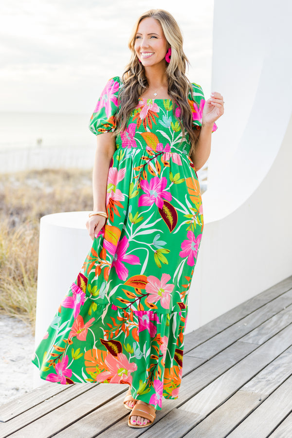 Chic Soul plus size clothing,  short-puffed-sleeve green maxi dress with ruffled detailing and a smocked bodice with a green and pink floral pattern