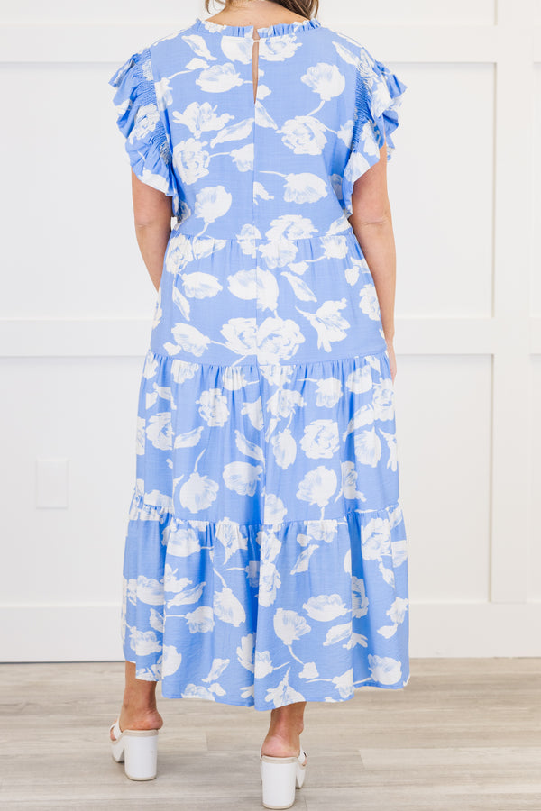 Chic Soul plus size clothing, blue and white floral pattern flutter sleeve dress