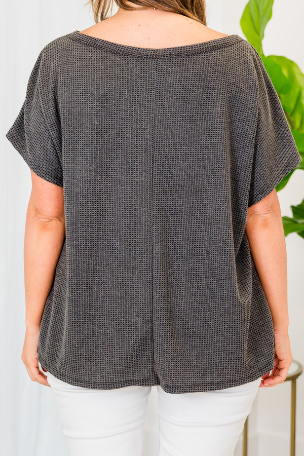 Chic Soul plus size clothing, short sleeve black ribbed top with high scoop-neckline