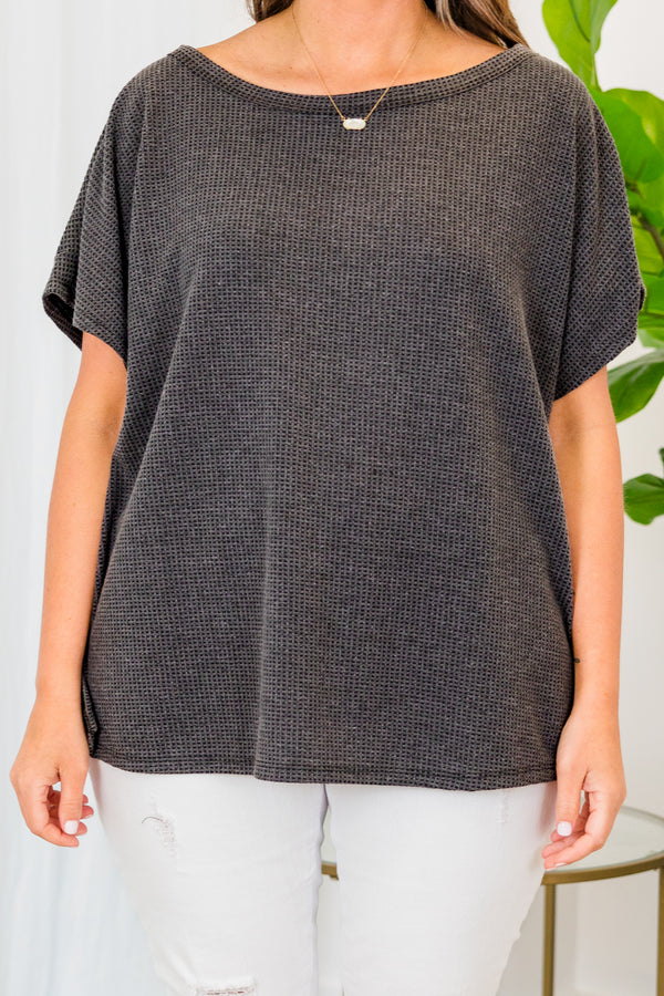Chic Soul plus size clothing, short sleeve black ribbed top with high scoop-neckline