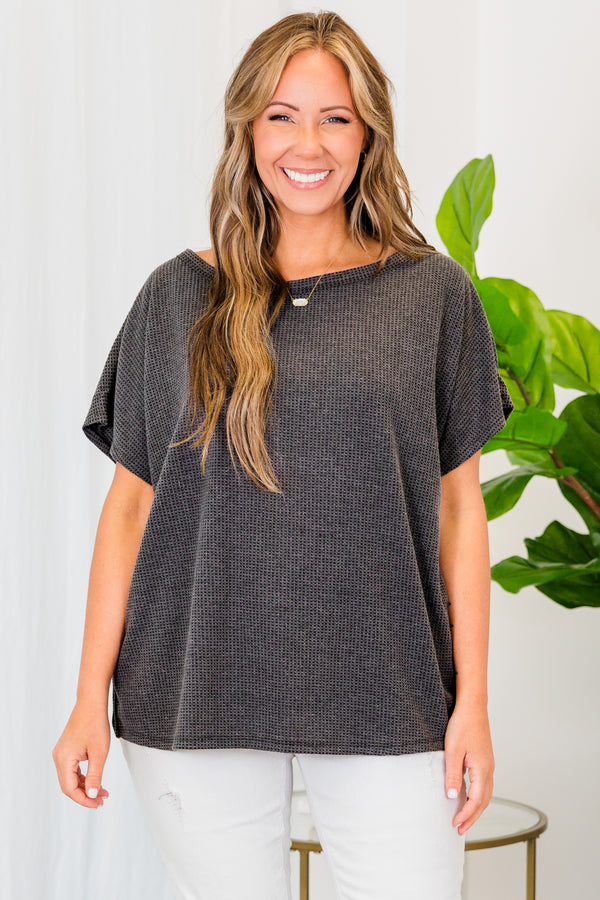 Chic Soul plus size clothing, short sleeve black ribbed top with high scoop-neckline