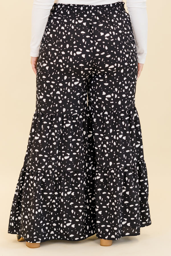 Chic Soul plus size clothing, black wide leg tiered pants with white dotted print with drawstring stretchy waist with pockets