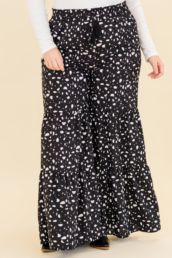 Chic Soul plus size clothing, black wide leg tiered pants with white dotted print with drawstring stretchy waist with pockets