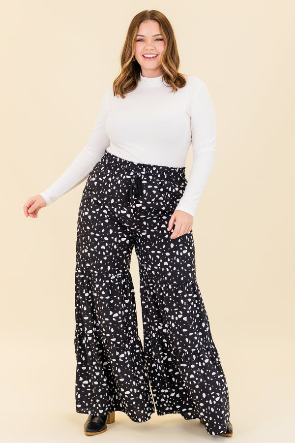 Chic Soul plus size clothing, black wide leg tiered pants with white dotted print with drawstring stretchy waist with pockets