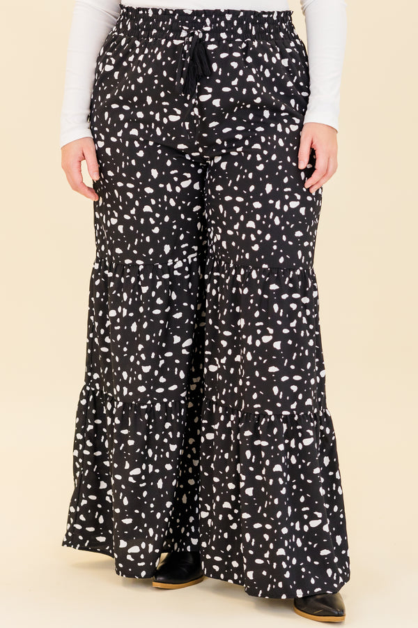 Chic Soul plus size clothing, black wide leg tiered pants with white dotted print with drawstring stretchy waist with pockets