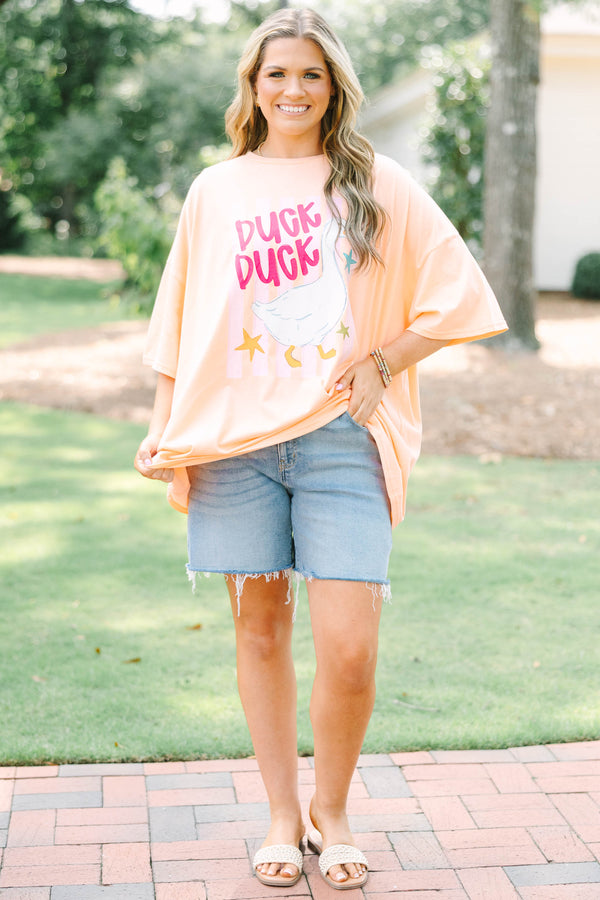 Plus Size neon coral boyfriend tee with a duck graphic