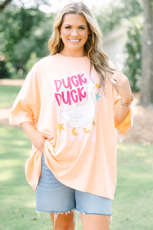 Plus Size neon coral boyfriend tee with a duck graphic 