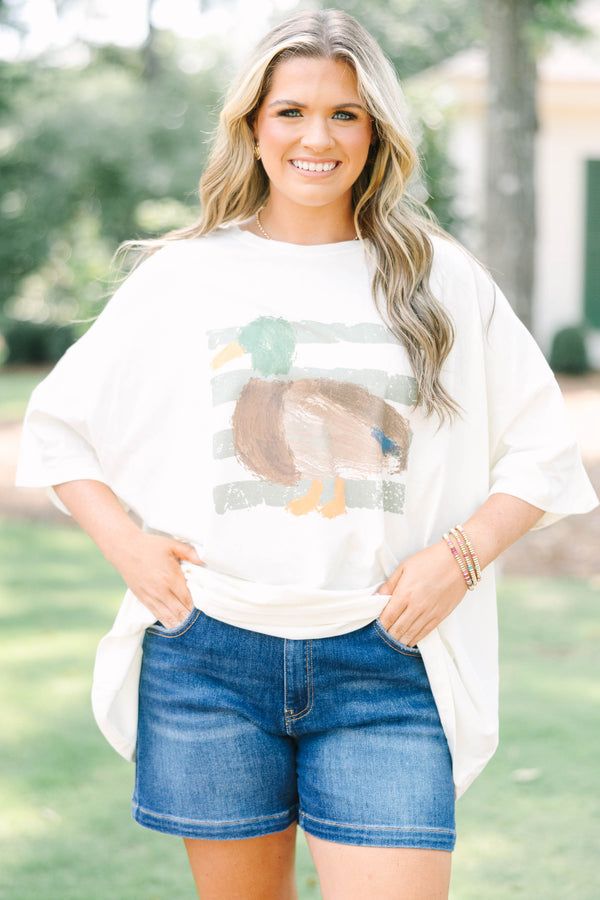 Plus Size ivory boyfriend tee with a mallard duck graphic