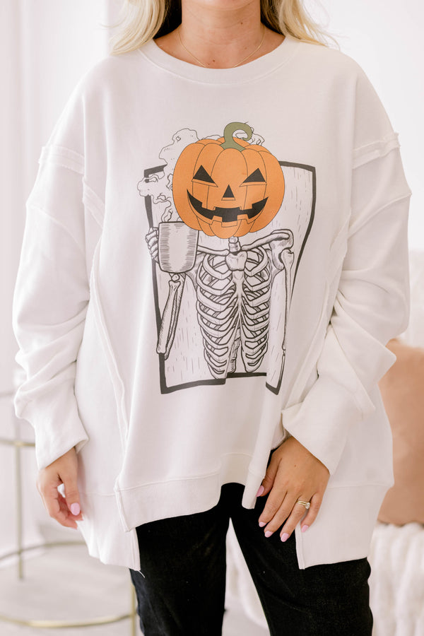 Chic Soul Plus size clothing, ivory crew neck sweatshirt with pumpkin head on a skeleton holding a cup of coffee graphic on it 
