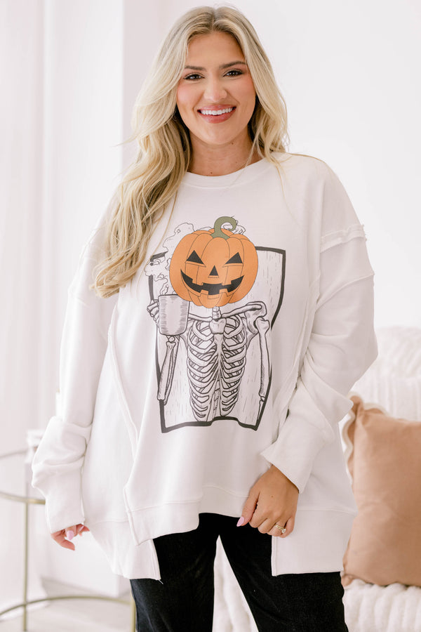 Chic Soul Plus size clothing, ivory crew neck sweatshirt with pumpkin head on a skeleton holding a cup of coffee graphic on it 
