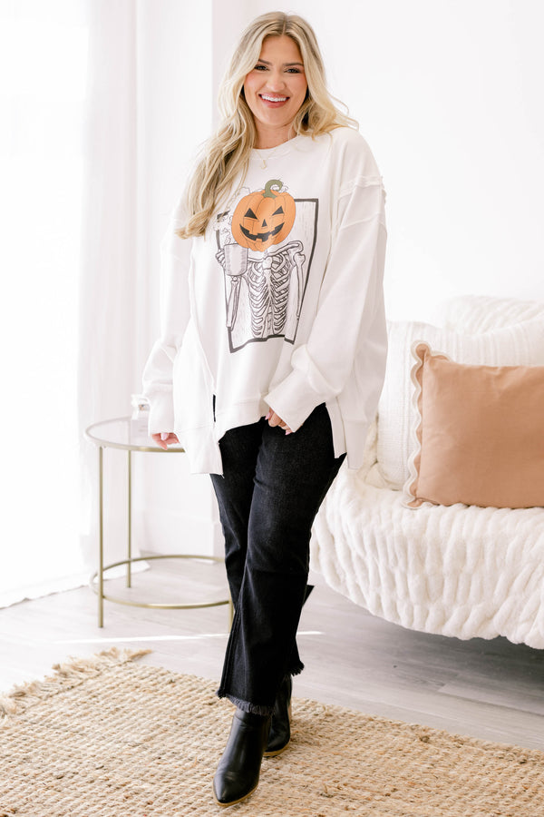 Chic Soul Plus size clothing, ivory crew neck sweatshirt with pumpkin head on a skeleton holding a cup of coffee graphic on it 
