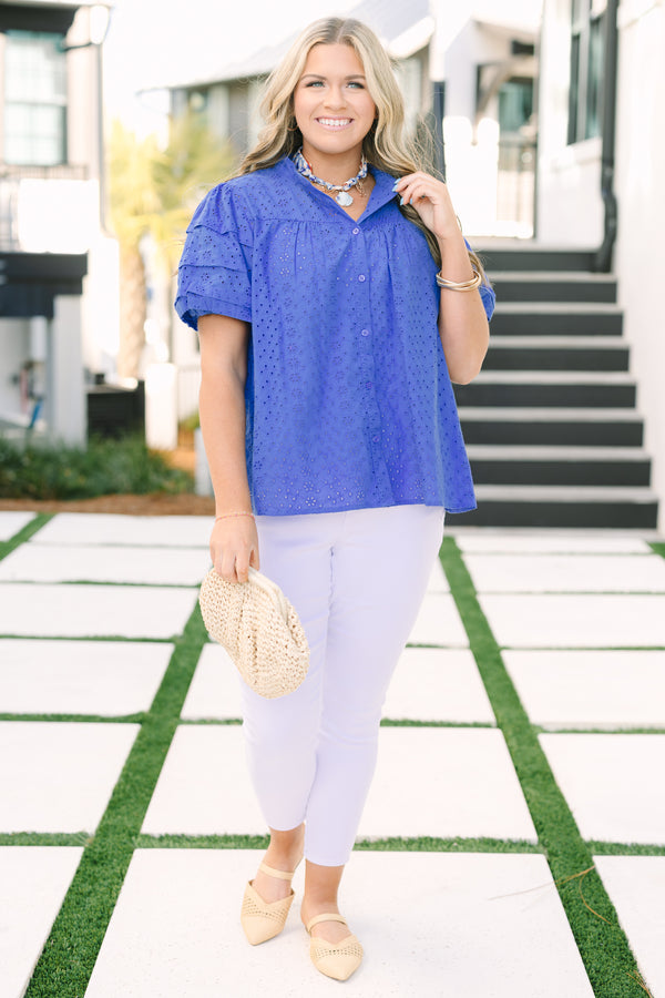 Chic Soul plus size clothing, cobalt blue short sleeve button down top with collar and eyelet detailing